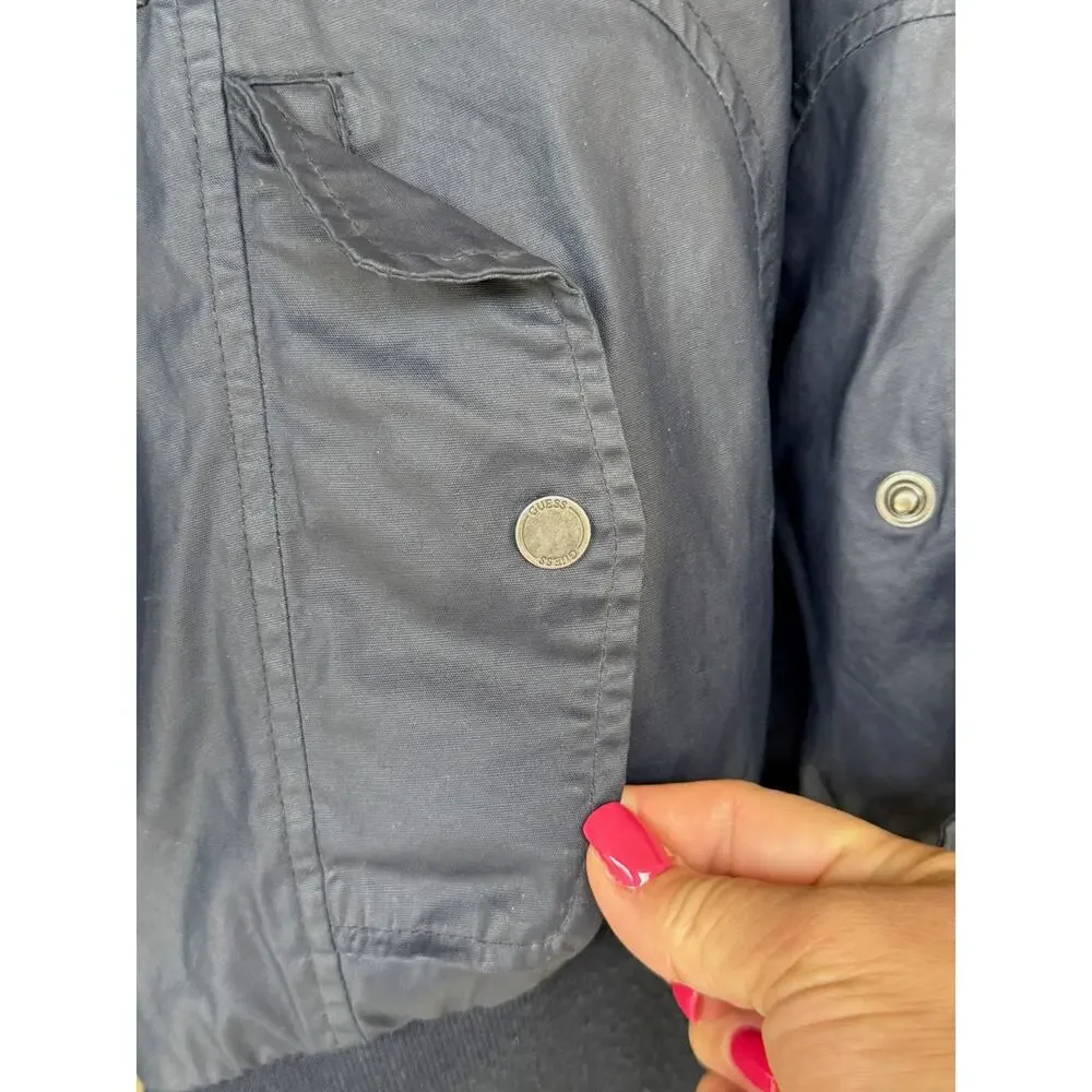 Guess Jacket Mens Large Navy/Gray Hooded Zip Bomber Lightweight Casual